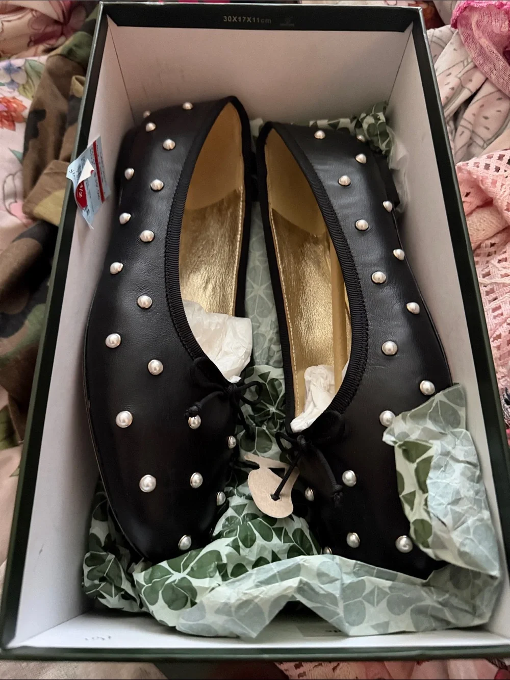 kate spade black ballet flats with pearl studs and bow